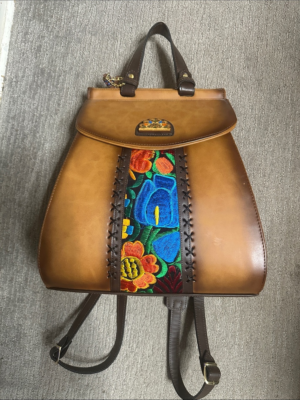 Leather Brown Floral Embroidered Backpack